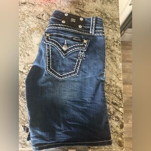 Miss Me Women's Dark Blue Embellished Jean Mid-Shorts